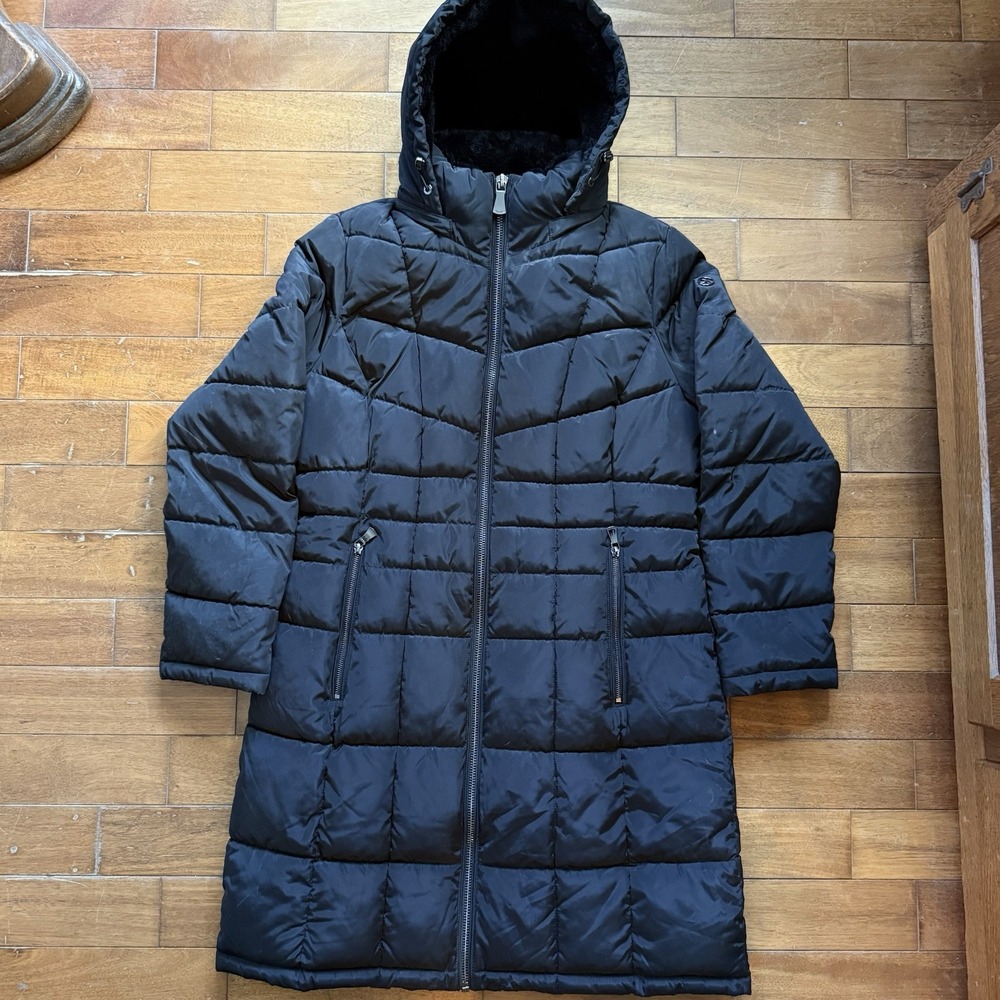 Calvin Klein Women Sz L Black Long Quilted Puffer Coat Insulated Removable Hood